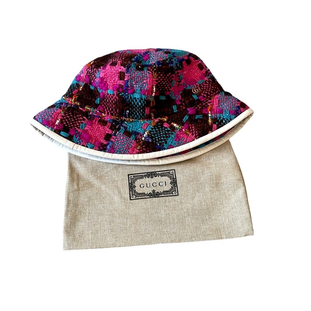 GUCCI GG Elevation Tweed Spicy Check Bucket Hat Cap 728469 Size Medium NEW - Picture 11 of 16